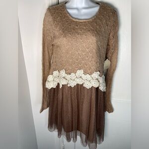 Altar'd State Tan Knit Dress with Lace Accent